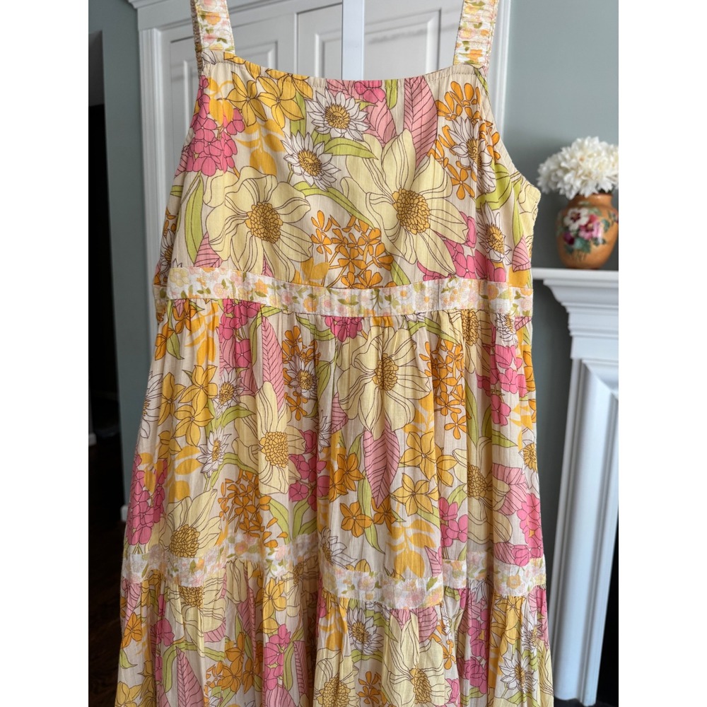 American Eagle Floral Tiered Maxi Dress Yellow Pink Retro Boho Sun Dress XS - Picture 3 of 8